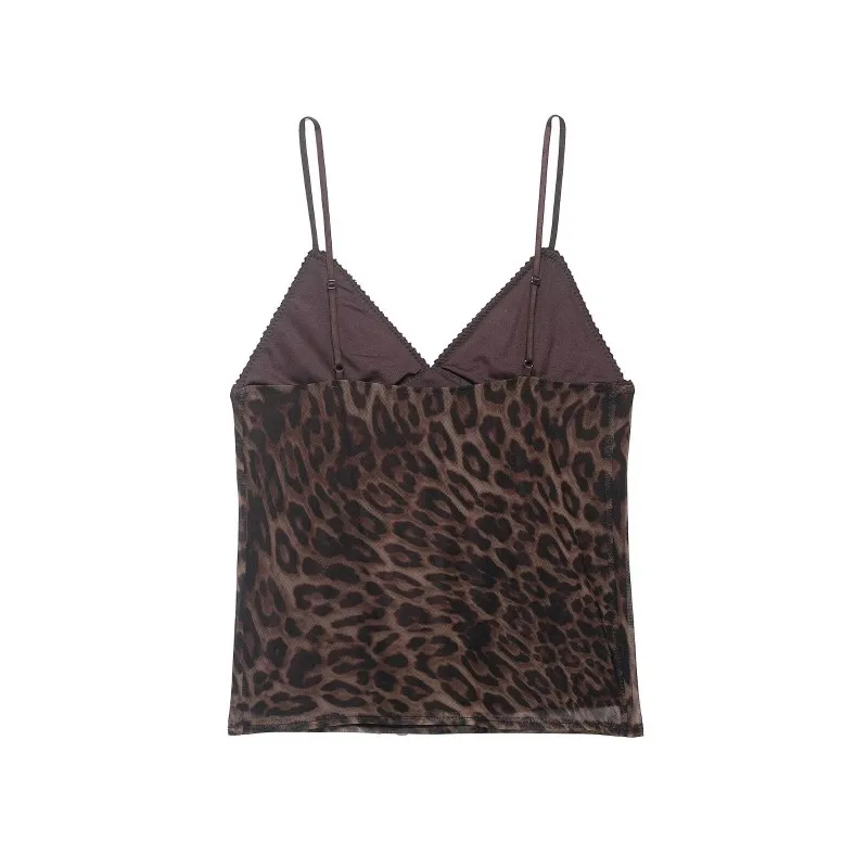 Women's Leopard Print Cami Top - V-Neck Sheer Mesh Tank Top, American Hot Girl Style, 2026 Summer New