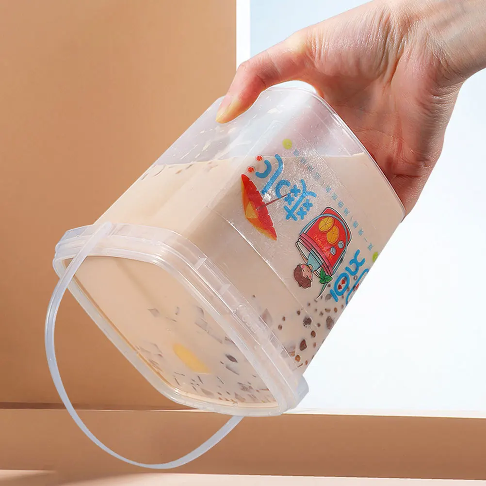 

5pcs 1L Snacks Packaging Bucket Transparent Square Plastic Bucket With Handle Food Grade Leak-Proof Lid For Milk Tea Juice Ice