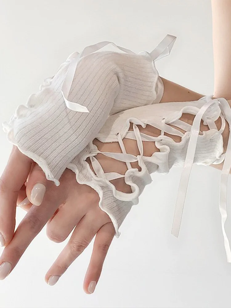 Рукава на бретелях JK Девушка с открытыми пальцами Перчатки в стиле Харадзюку Нишевый комплект с рукавами Y2k Сексуальный кружевной ажурный и стильный чехол на рукав