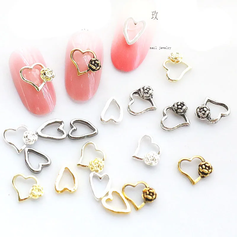 100Pcs 3D DIY  Retro Rose Gold Silver Hollow Out Heart Shape Nail Art Alloy Charms Design Decor