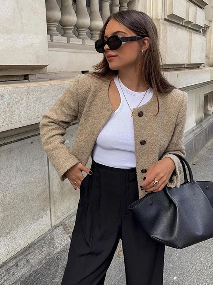 Women Autumn Winter Solid Single Breasted Woolen Coat Elegant O Neck Long Sleeves Short Jacket Fashion Female Commuting Outwears