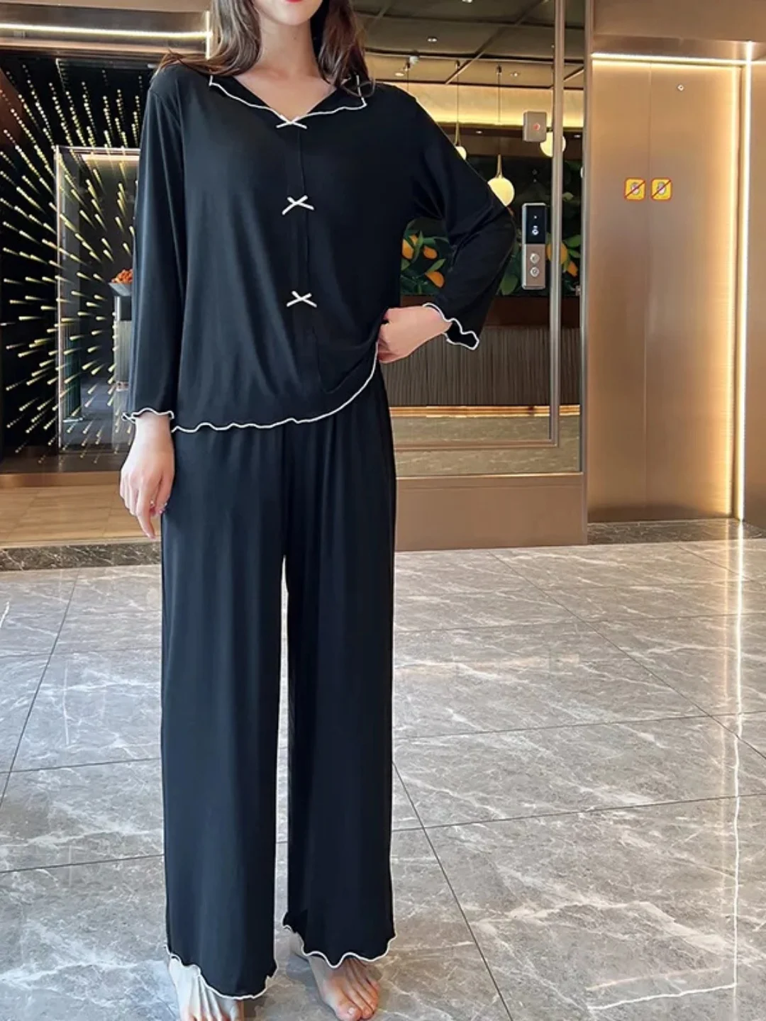 Laid-back Style V-neck Long Sleeve Pants Sleepwear Comfortable Home Clothes Set Large Size  Knot Splicing Outdoor We...