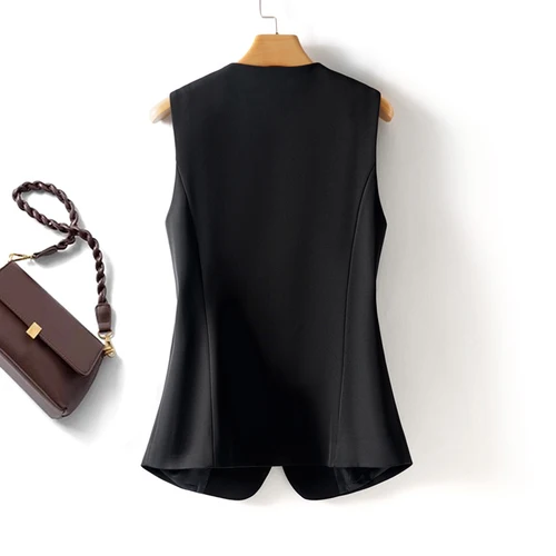 Imagen 2 del producto Chaleco negro de moda con cuello redondo y un solo pecho para mujer, chaleco ajustado sin mangas a la moda para primavera y otoño, Top para uso exterior