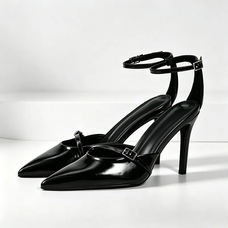 Concise Patent Leather Ankle Strap Sandals Women Fashion Pointed Toe Metal Buckle Detail High Heels Luxury Brand Designer Shoes