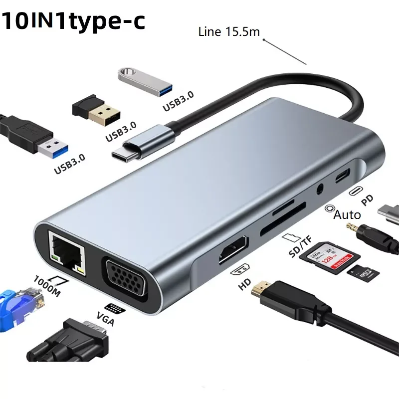 10 in 1 Aluminum Multiport USB C Desktop Docking Station USB3.0 USB2.0 Adapter SD TF Card Reader PD Fast Charging Dock