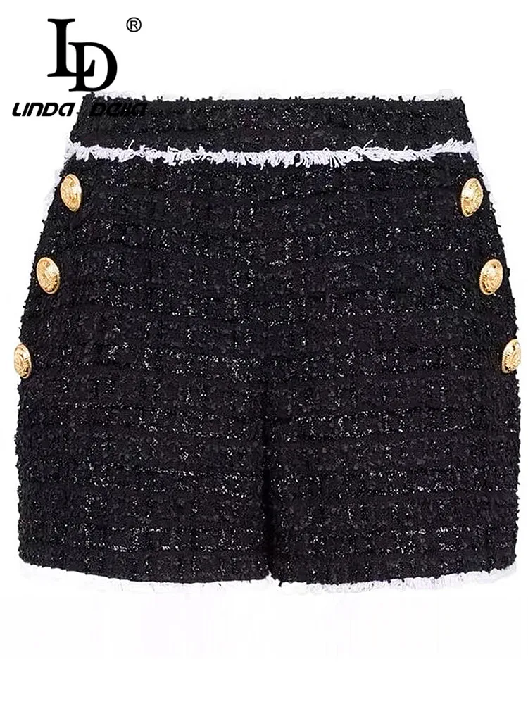 

LD LINDA DELLA 2024 Autumn Vintage Runway Shorts Women's Black Double-breasted Splice Polyester High waist Beach Shorts