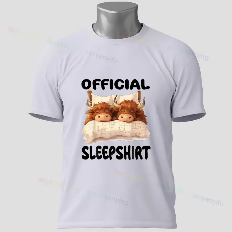 Grappige schattige Schotse Hooglandkoe officieel slaapshirt pyjama nachtjapon grafisch T-shirt korte mouwen puur katoenen T-shirt vrijetijdskleding