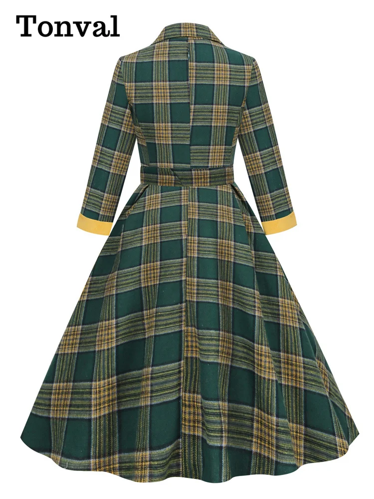 Tonval Green Plaid Autumn Winter Vintage Dress Women Notched Collar Buttons Belted A-Line Robe Evening Elegant Midi Dresses 2024