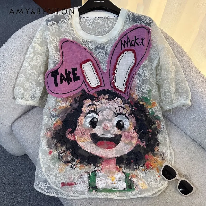 

2025 Summer New Tees Cartoon Little Girl Lace Embroidered Short-sleeved Tshirt Women's Loose Casual Medium And Long Top T-shirts