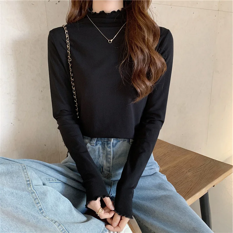 Femmes col haut Long Sve Fce doublé Base irt printemps automne Faionable polyvalent vêtements intérieurs haut qualité Polyester