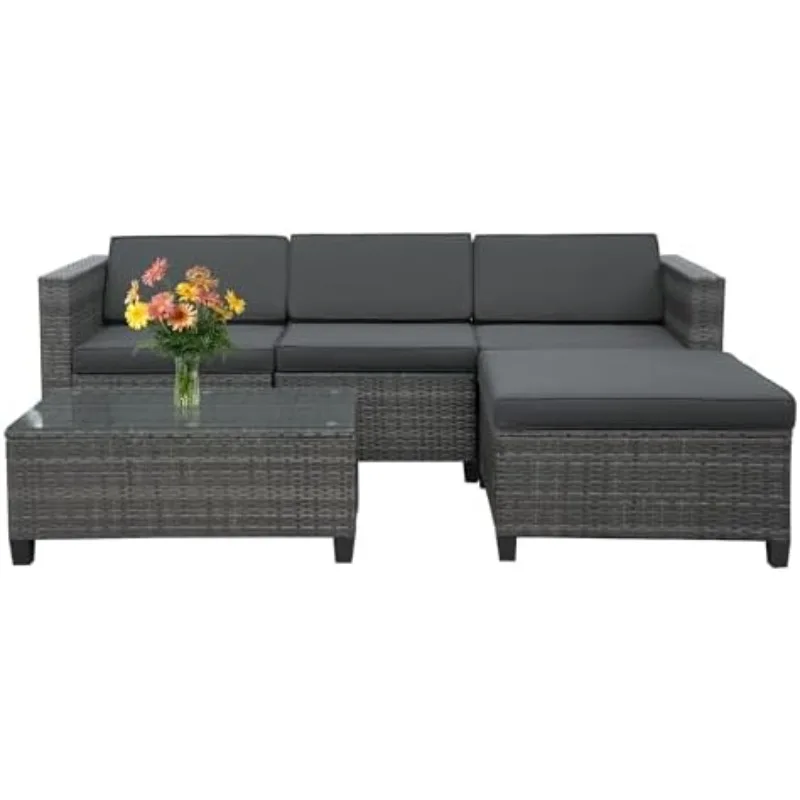 5 Piece Outdoor Patio Sectional Furniture Set, Weather Resistant Rattan Outside Couch, Waterproof Conversation Sofa