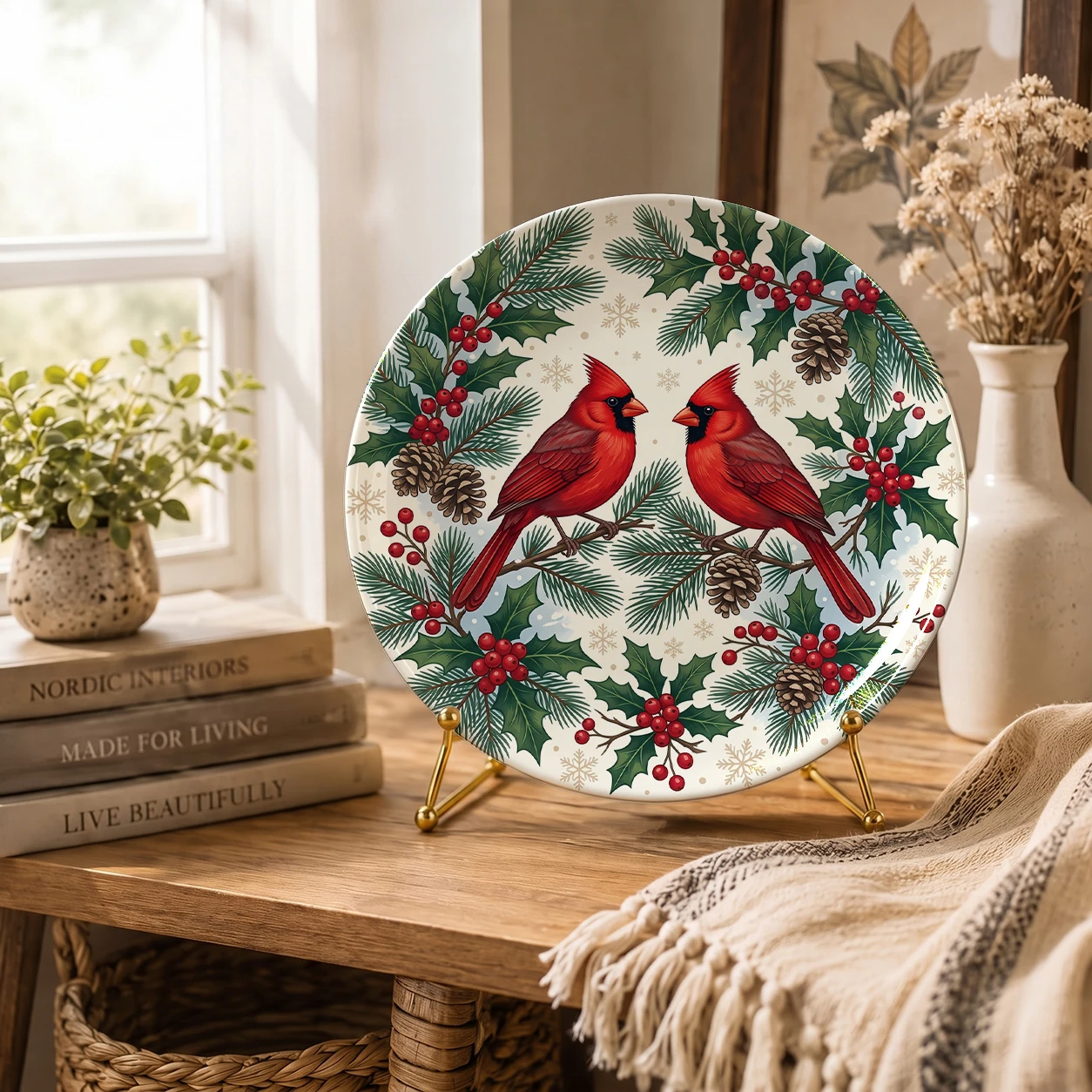1pc Christmas Cardinal Decorative Ceramic Plate, Round Red Bird Display Plate for Wall, Shelf, Home Decor, Holiday Gifts, 8 Inch