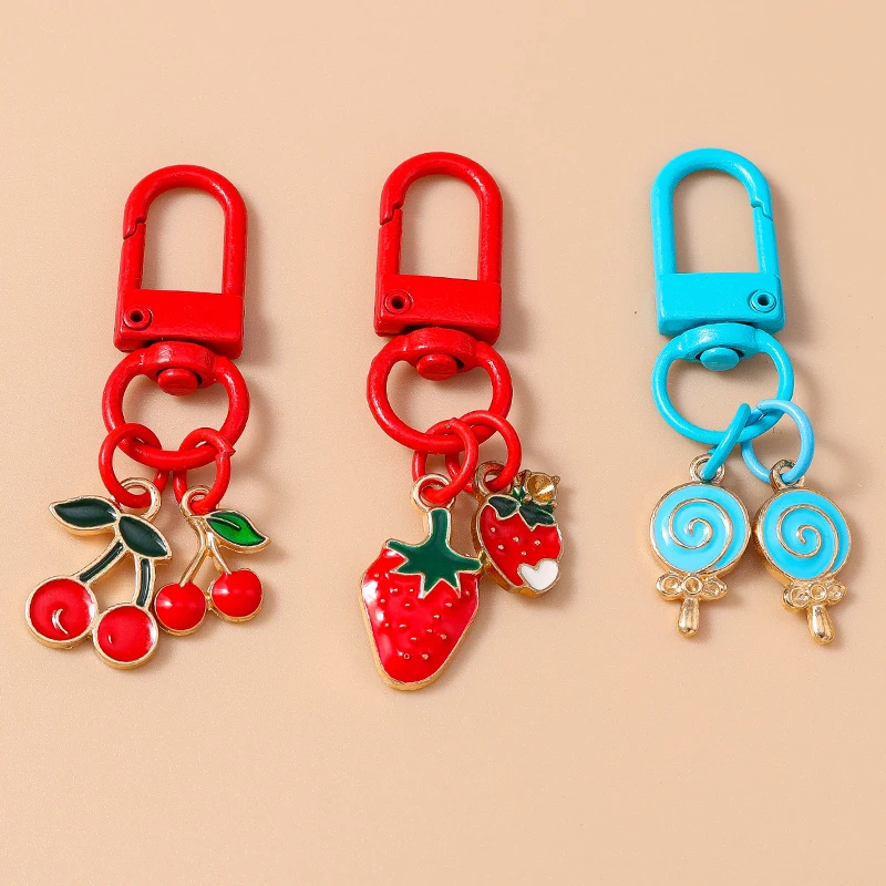 Cute Fruit Cherry Keychain Enamel Food Lollipop Keyrings for Women Men Car Key Handbag Pendant Key Chains DIY Accessories