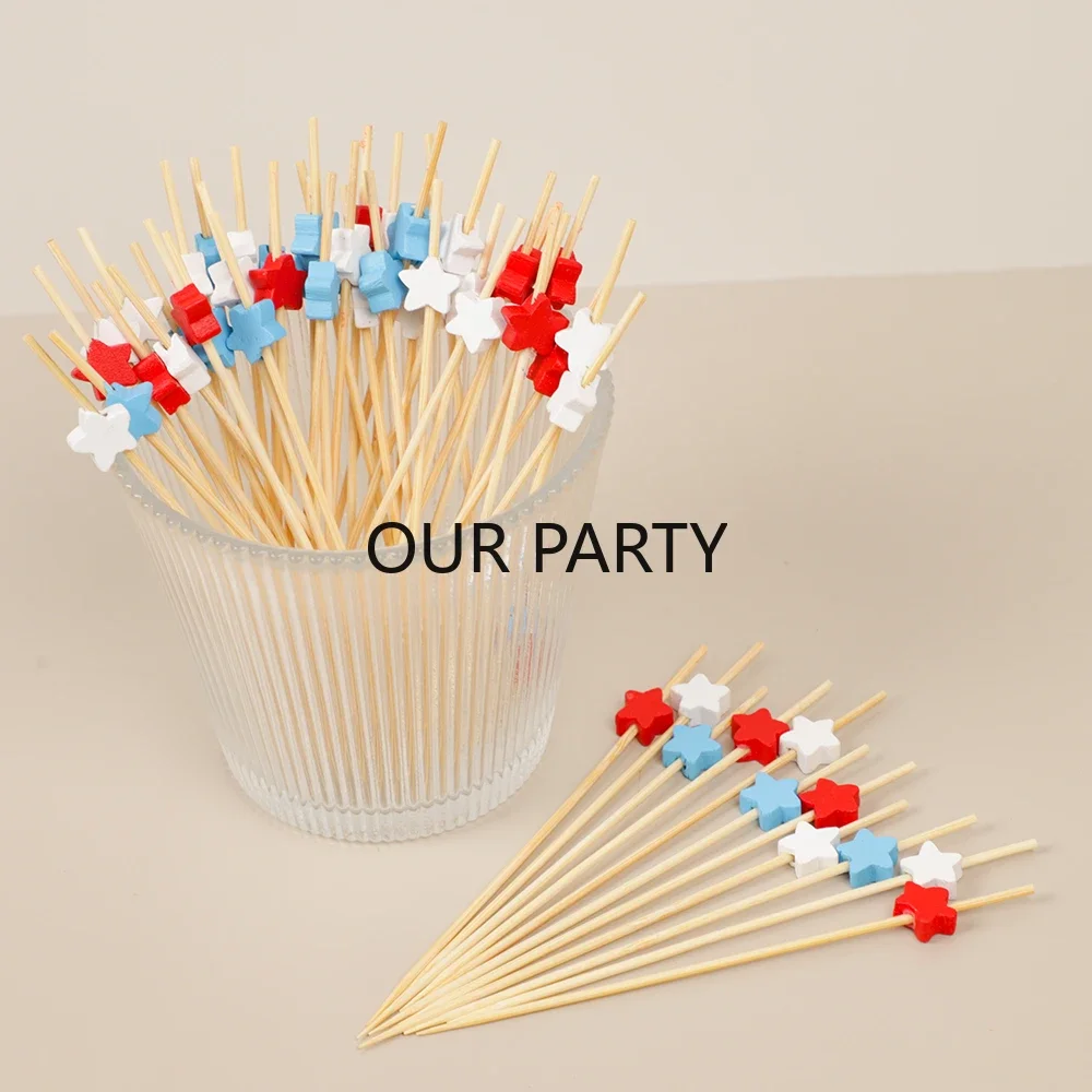 100Pc Colorful Star Disposable Bamboo Food Picks Independence Day Theme Dessert Fruit Forks for 4th of July Birthday Party Decor