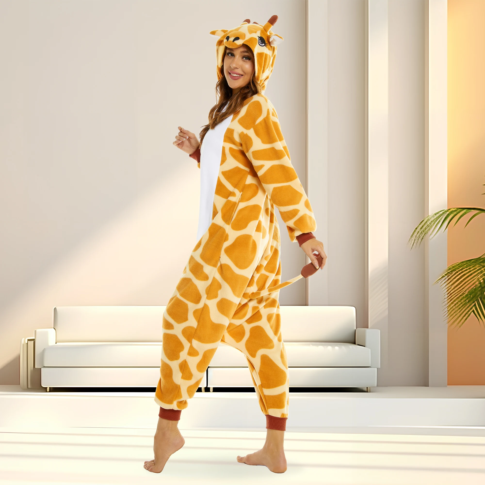 CANASOUR Giraffe Costumes One-Piece Hooded Pajamas Adults Women Soft Onesie Pyjamas Halloween Christmas Cosplay Sleepwears