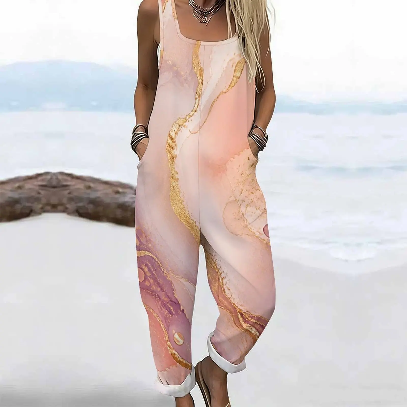 Women Jumpsuit with Print Square Neck Sleeveless Wide Straps Loose Fit Pockets Cuffed Ankle view 4