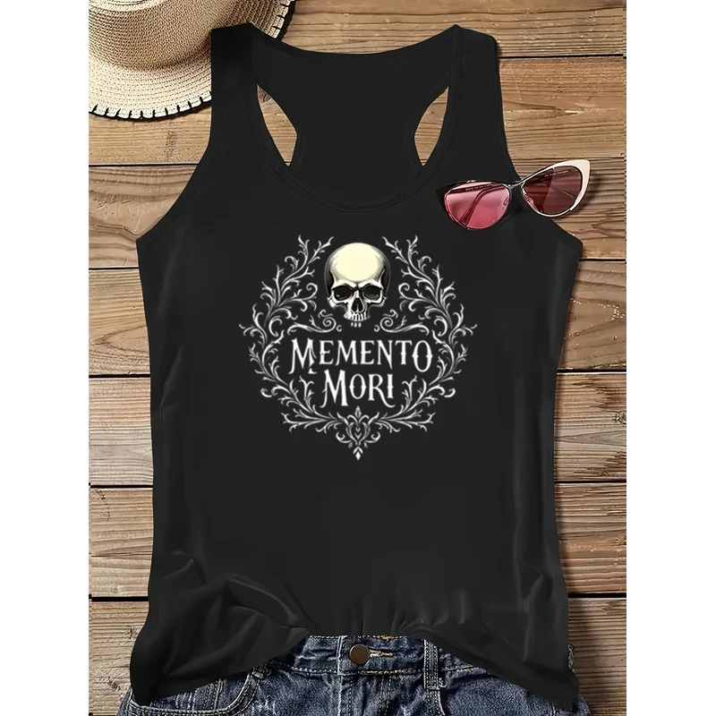Dark Philosophy Style MEMENTO MORI Skull Vine Vintage Print Casual Fashion Women's Tank Top Black Crew Neck Top