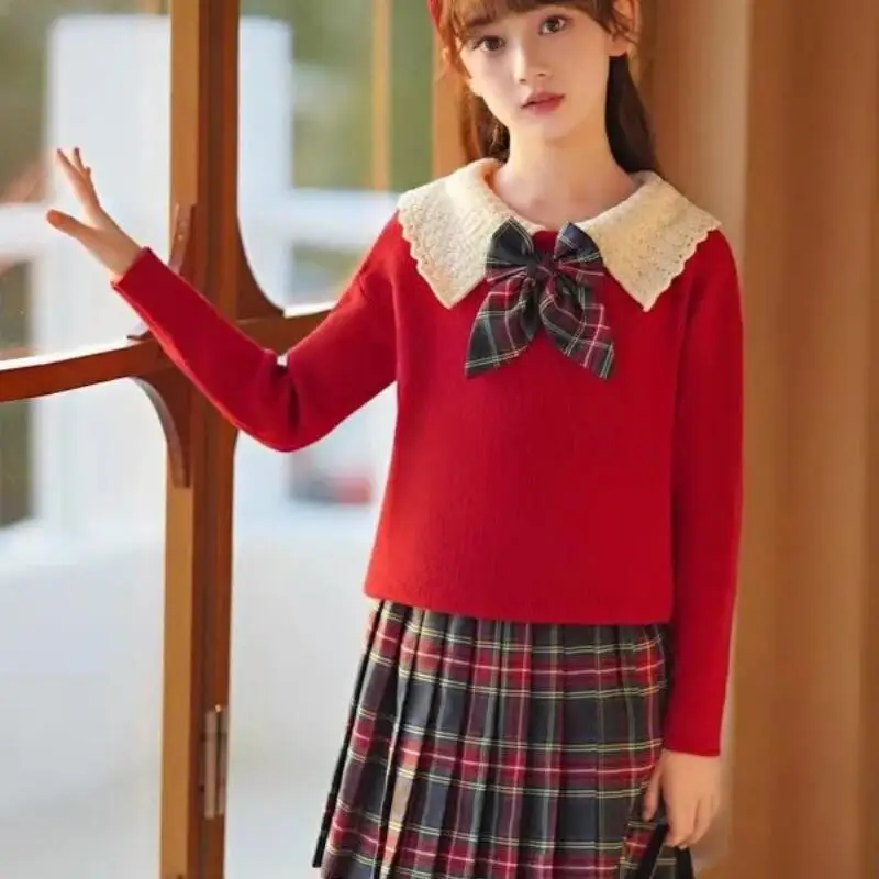 

Kawaii модный свитер для девочек, комплект с юбкой, студенческий осенне-зимний повседневный топ с лацканами, плиссированная юбка, комплект из 2 предметов, детская одежда