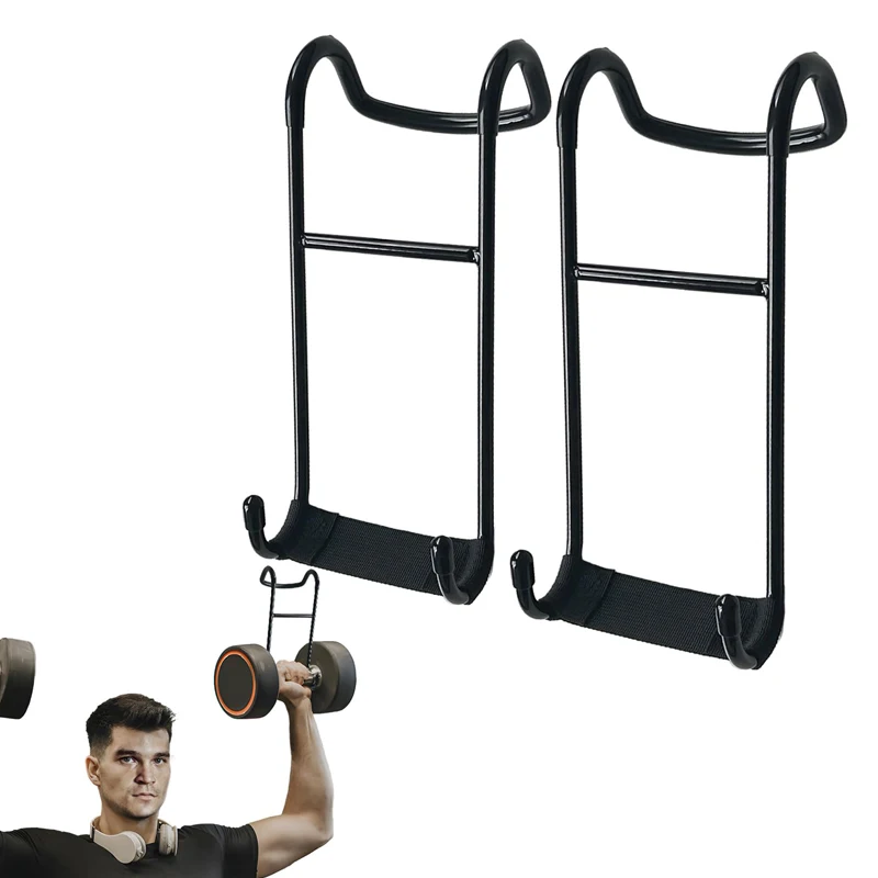 A pair of Dumbbell Spotter Hooks,Heavy Duty Steel Dumbbell Hooks Safety Connector for Barbell Bench Press Workout