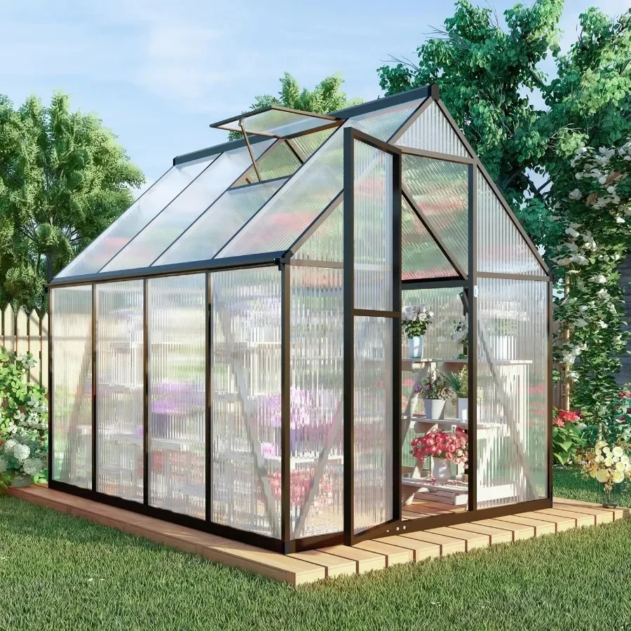 

6 x 8 FT Greenhouse for OutdoorsAluminum Large Walk-in Greenhouse Dark Gray