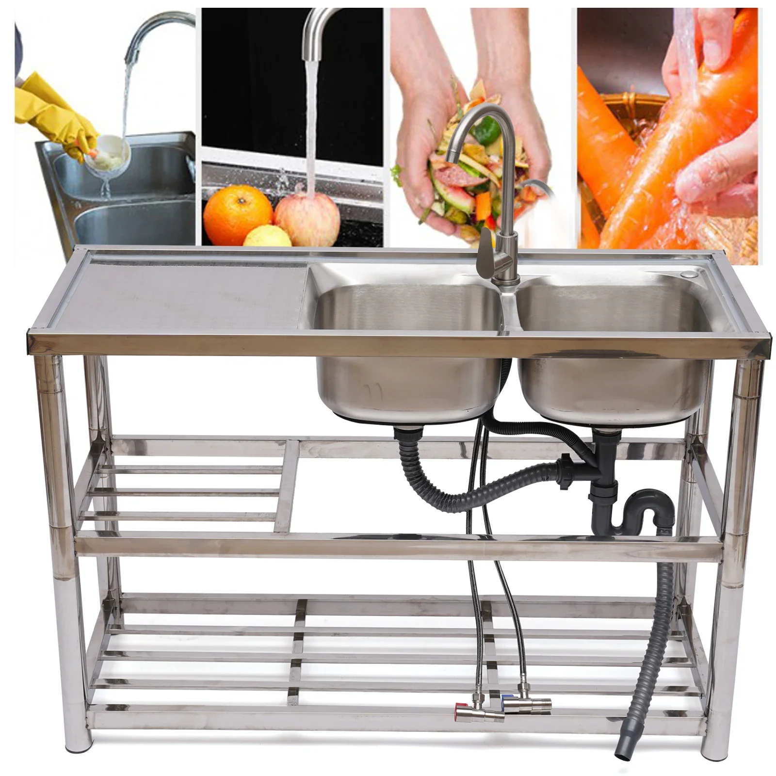 2 Compartment Stainless Steel Commercial Kitchen Restaurant Utility Sink Dish Washing Disinfection Pool With Standing Rack