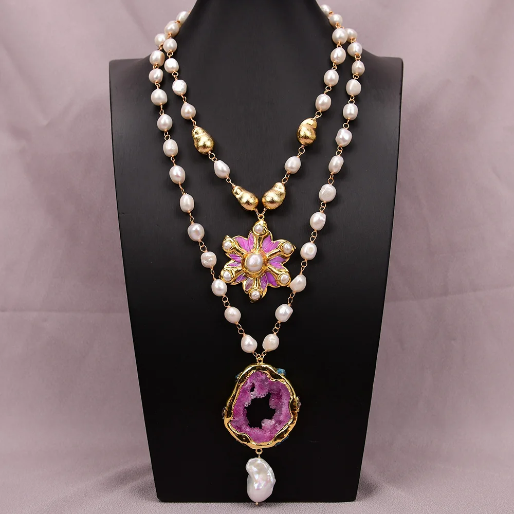 G-G 2 Rows Cultured White Keshi Pearl Brushed Beads Necklace Rose Quartz Shell Flower White Baroque Pearl Pendant