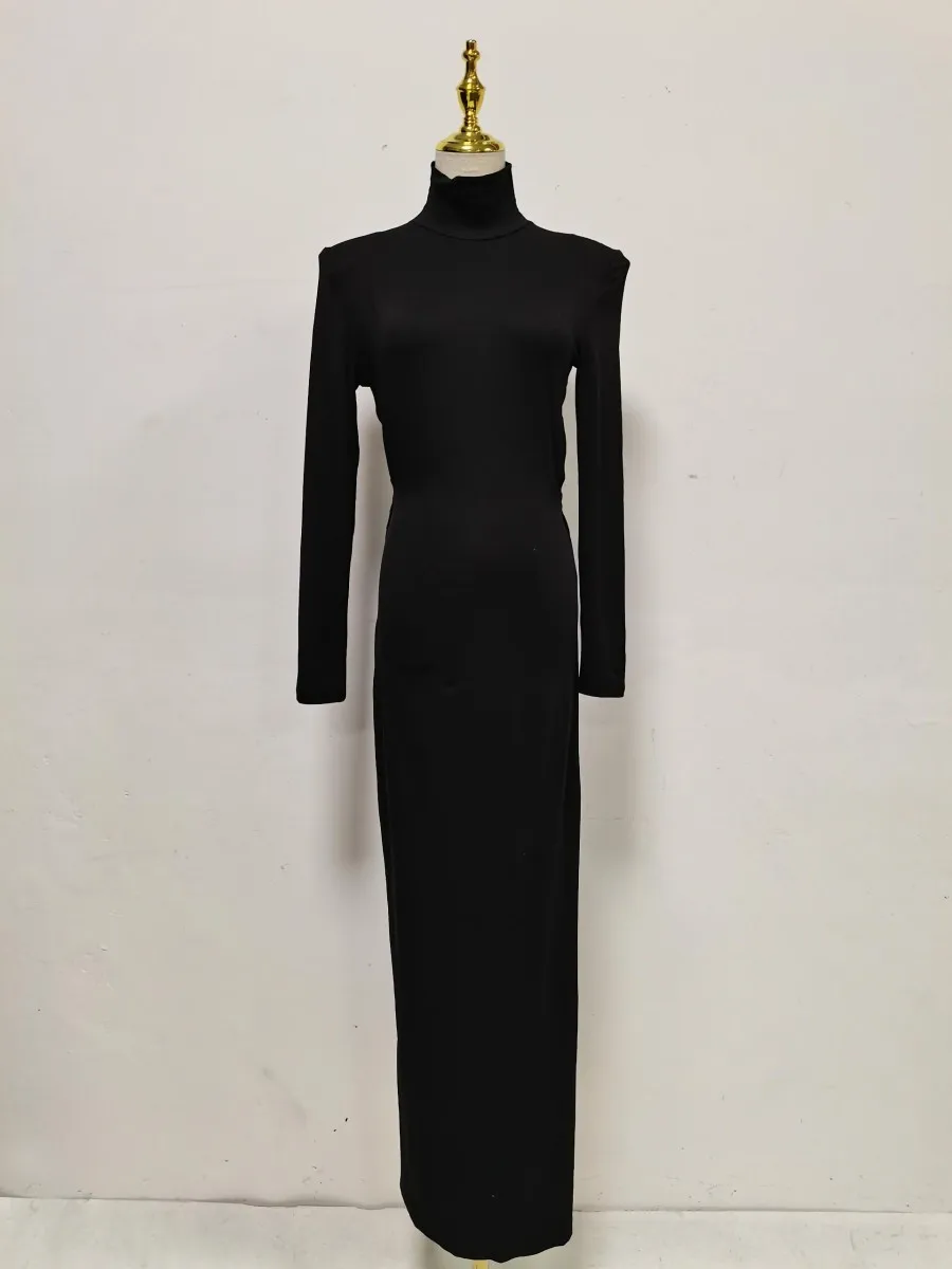 TWOTWINSTYLE Black Turtleneck Backless Maxi Dresses Female Long Sleeve Slimming Minimalist High End Style for Luxury Cocktails