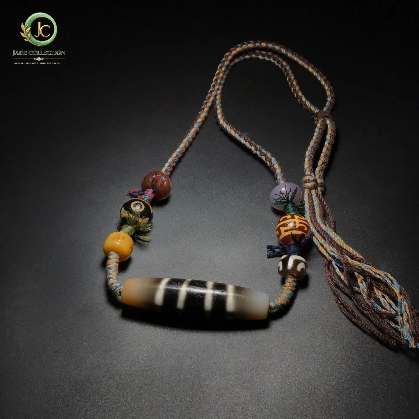 Unique Tibetan Old Agate Dzi Lines Beads Necklace J0506