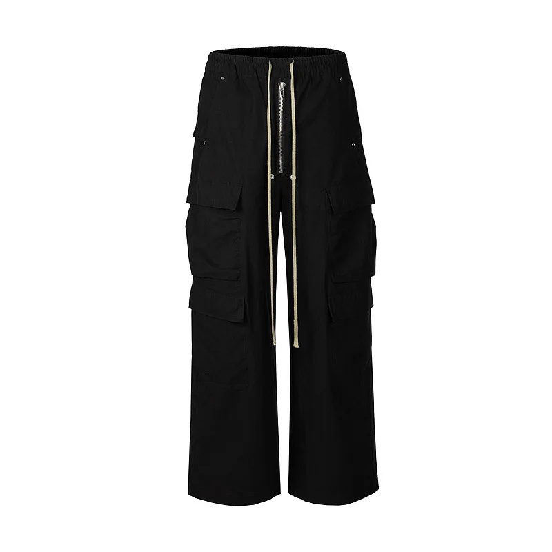 

Rick trendy RO style multi-pocket dark wide-leg workwear floor-length casual drawstring flared pants, high street casual pants