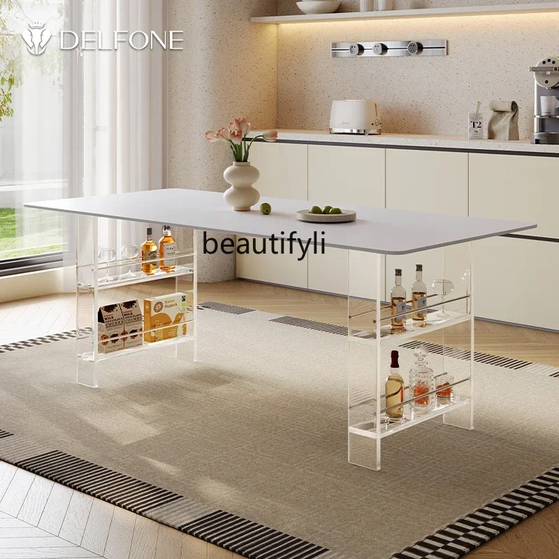 

xx1Acrylic suspended rock slab dining table with rack storage rectangular white dining table