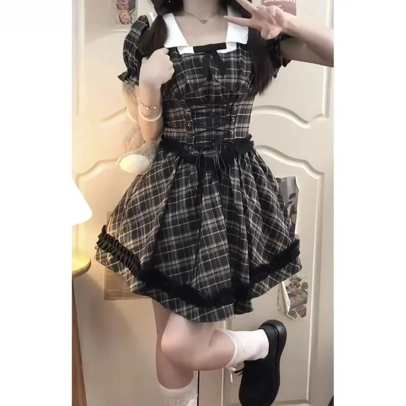

Spice Girl College Style Short Sleeve Dress Women's Summer New Sweet Slim Fit High Waist Plaid Irregular Lace Fluffy Dresses