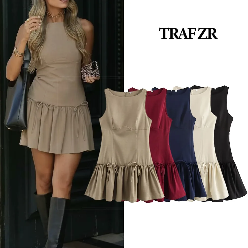 TRAF ZR Summer Outfit Sexy Dress with Bows Curvy Women's Round Neck Sleeveless Short Dress with Balloon Hem Elegant Fashion 2024