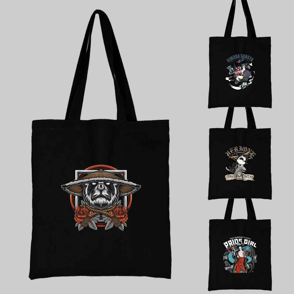 

Ladies' Black Shopping Bag Casual Canvas Reusable Samurai Print Shoulder Bag Student Fashion Large Capacity Handbag