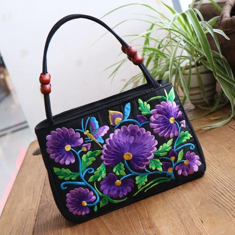 Bird Embroidery Flower Handbag Leaf Canvas Rose Flower Shoulder Bag Underarm Bag Mommy Bag Ethnic Style Tote Bag Ladies/Girls