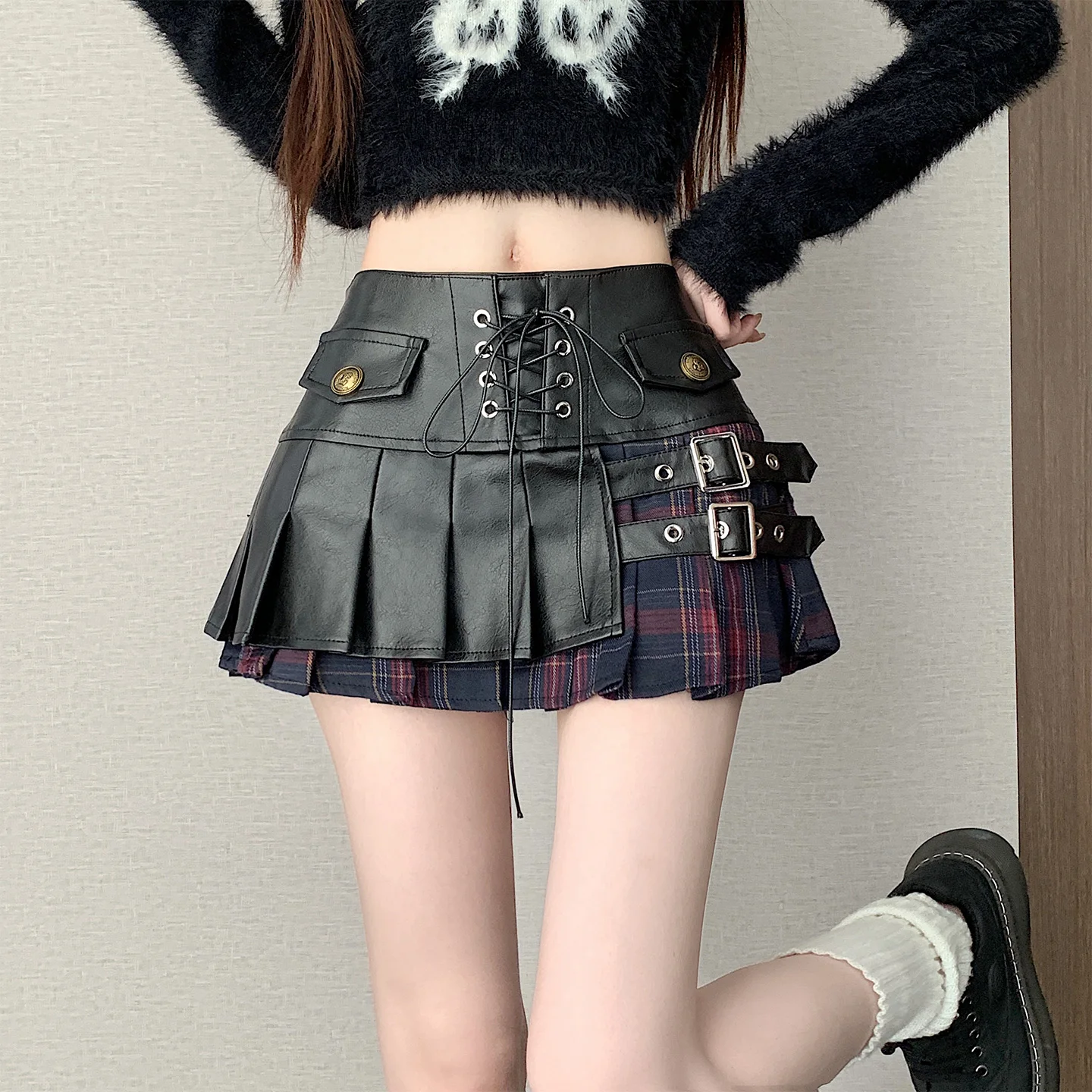 Women's Black Gothic Leather Mini Skirt Y2K Harajuku Streetwear College Retro Casual A-Line Short Skirt Fashion Clothing 2026