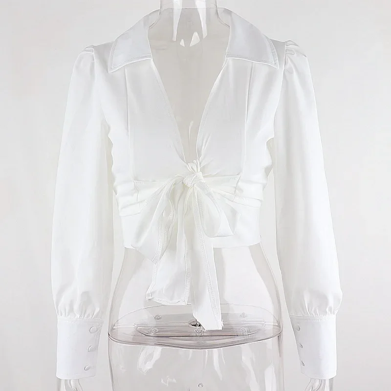 Women's Vintage White T-shirt Lapel Collar Solid Female Y2k Top Spring Summer Long Sleeve Sexy V-neck Bow Tie Long Sleeve Top