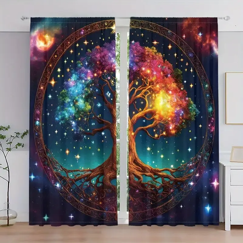 Colorful starry sky life tree pattern printed curtains, bedroom and living room, home decoration, room decoration