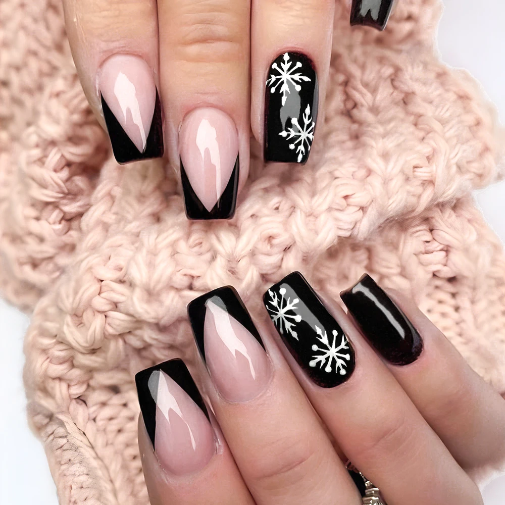 24Pcs Black Press on Nails White Snowflake Christmas Fake Nails Medium Square press on nails French Full Cover False Finger Nail