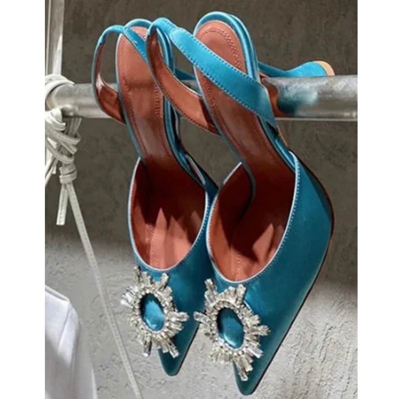 Satin Rhinestone Buckle Hoof Heels Sandals Woman Summer 2024 Pointed Toe Slingback Hollow High Heel Shoes Fashion Luxury