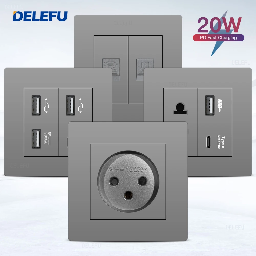 DELEFU Alev Geciktirici PC Paneli 86mm Gri İsrail Standart USB Tip C Hızlı Şarj Duvar Soketi Anahtarı TV Telefon CAT5 CAT6