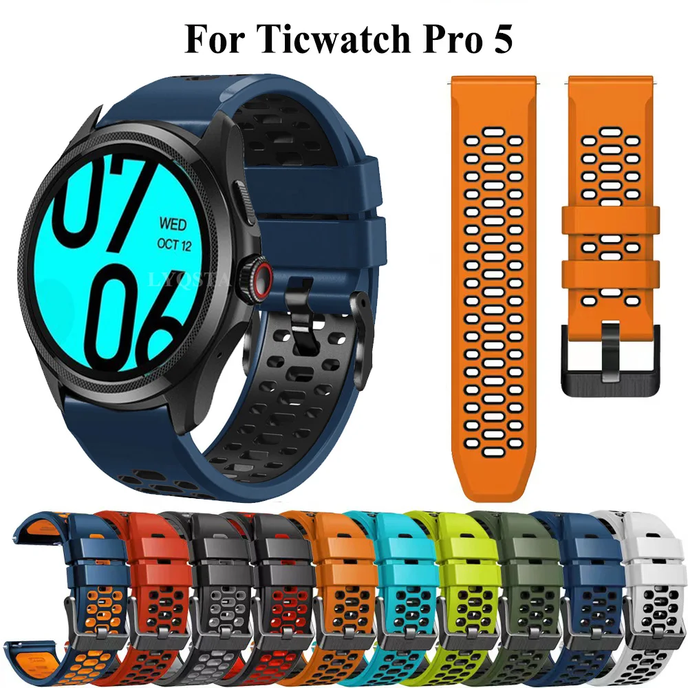 Pulseira de Silicone para Ticwatch Pro 5 Sport, Pulseira Respirável, Pulseira, Pulseira Nova, Quente, 24mm