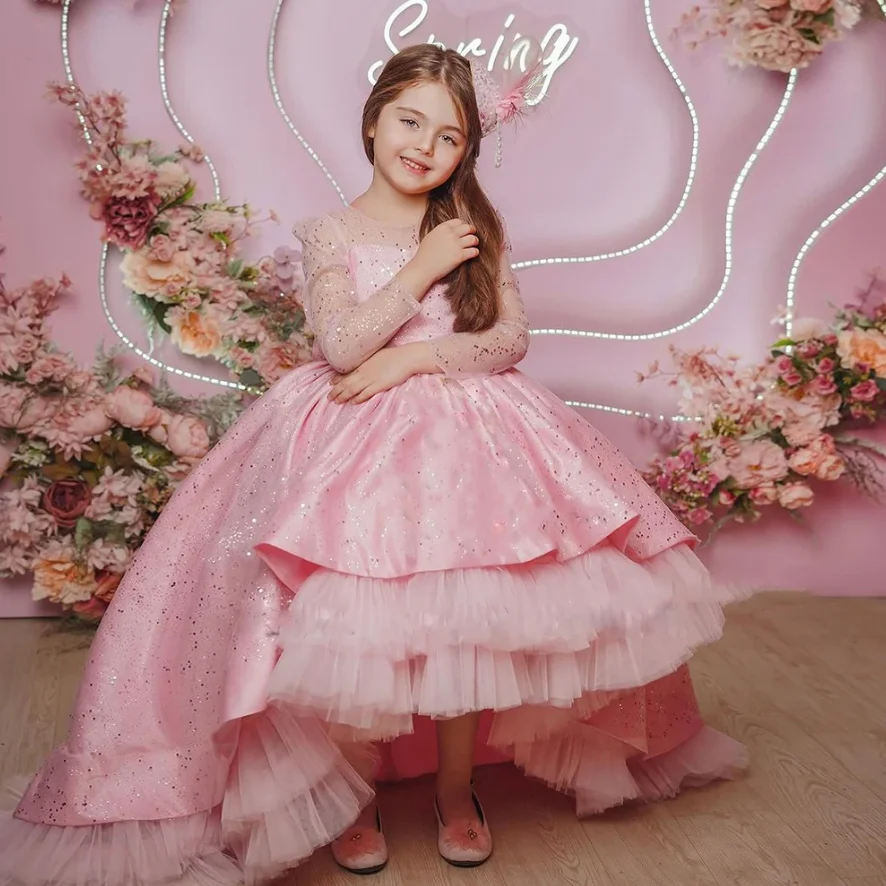 

Ball Gown Sparkly Flower Girl Dress for Wedding Tulle Party Prom Gown Kids Birthday Dress with Big Bow