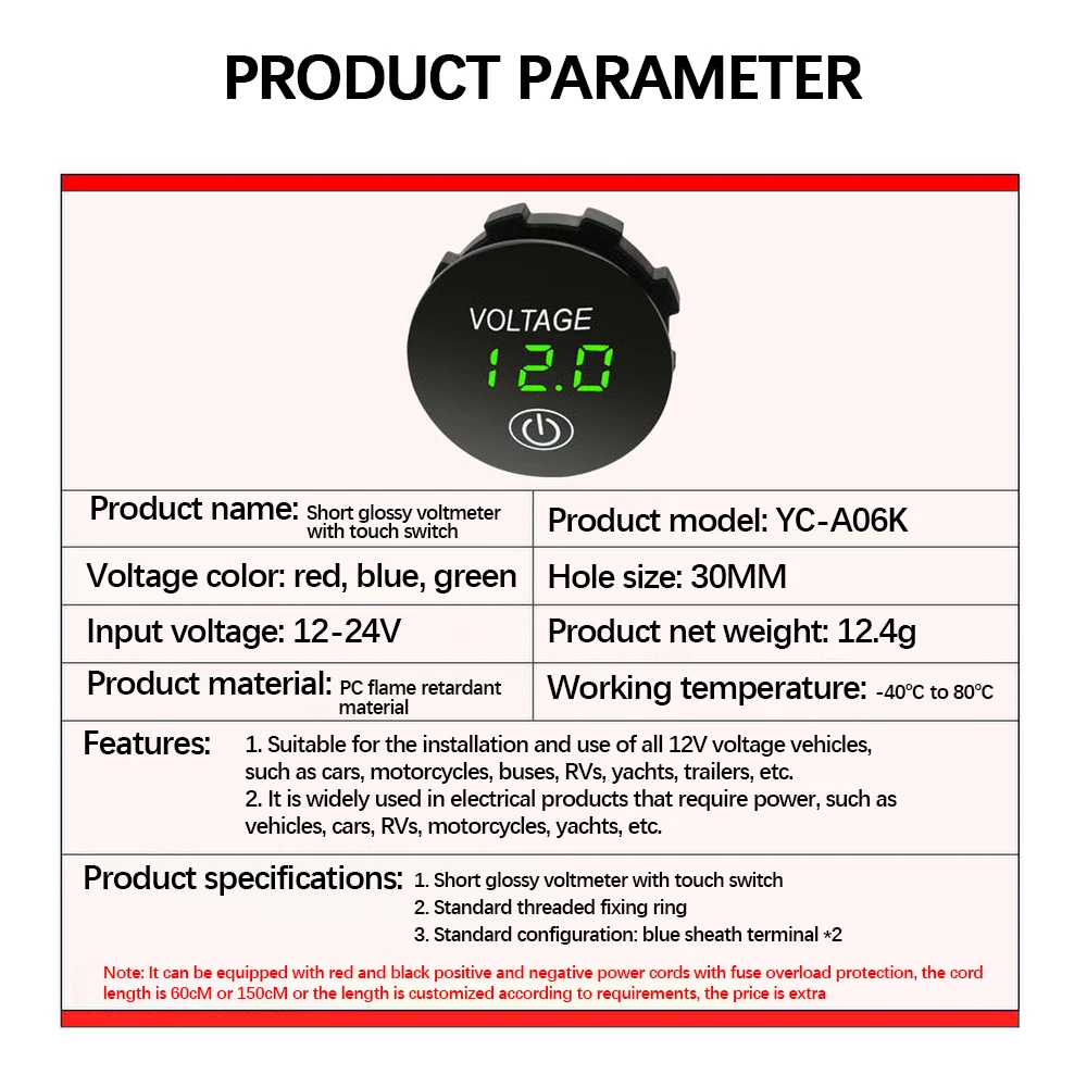 Car Motorcycle DC6-36V LED Panel Digital Voltage Meter Battery Capacity Display Voltmeter with Touch ON OFF Switch