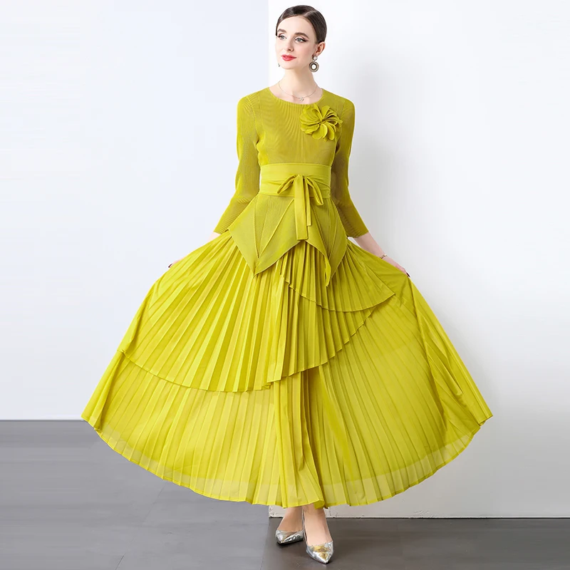 High Quality Miyake Folds 2024 New Women Suit Irregular Lantern Skirt With Long Skirt 2 Piece Set