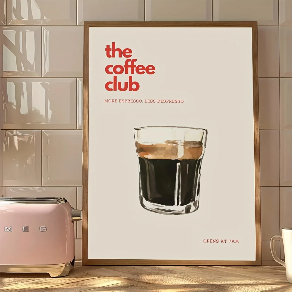 Retro Coffee Club Canvas Print Chic Food Beverage Beige Background Wall Art Posters for Modern Living Room Bedroom Home Decor