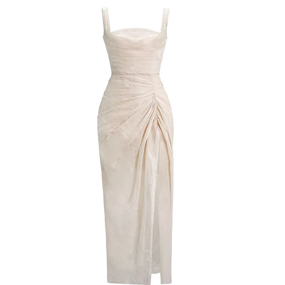 Elegant Beige Ruched Tulle Midi Dress for Women Square Neck Sleeveless Bodycon Split Cocktail Party Prom Gown