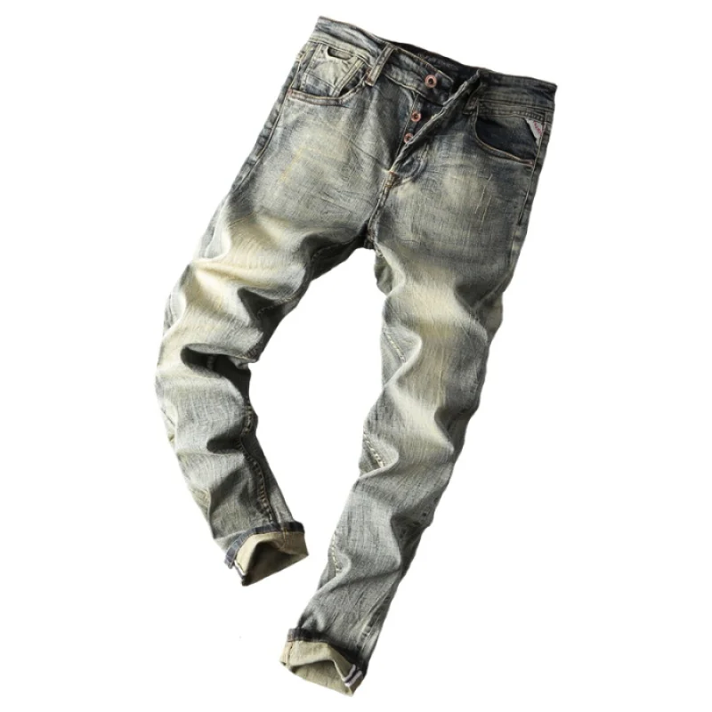 Classic Retro Men's Washed Worn Jeans Men's High-End Fashion Brand American Slim Straight Stretch Motorcycle Tappered Pants
