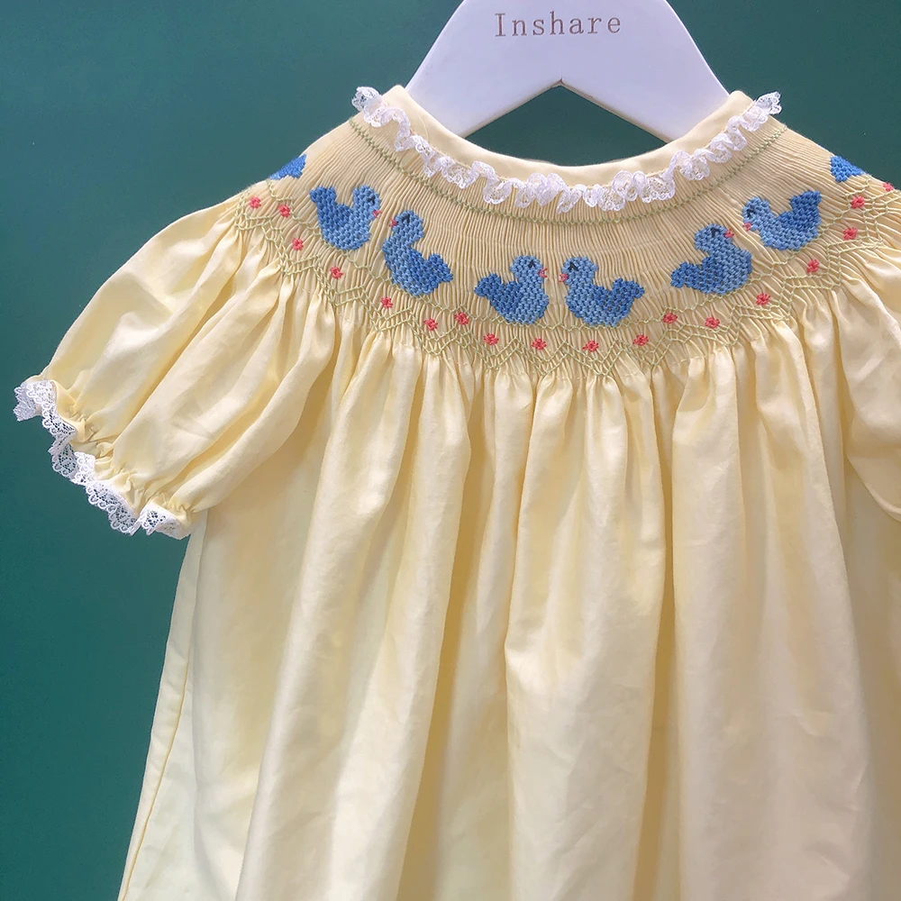 Girls Smocked Dress Handmade Bird Embroidered Yellow Cotton Puff Sleeves Princess Vintage Eid Clothing