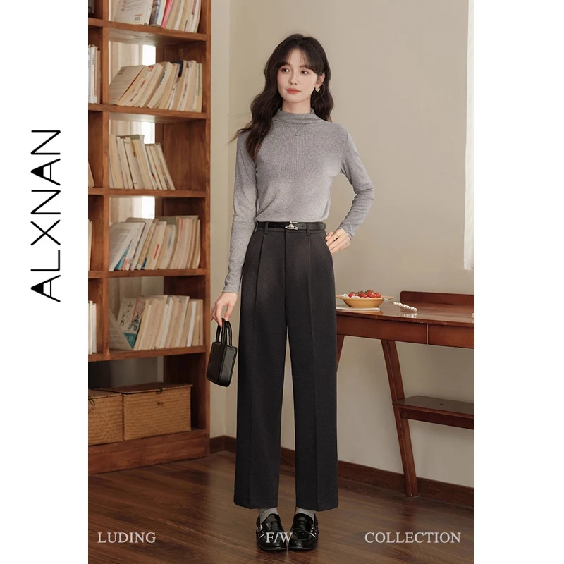 ALXNAN Plus ขนาดผู้หญิงกางเกงสีดําฤดูใบไม้ร่วงแฟชั่นตรงกางเกงขากว้างสบายๆ Office Lady Elegant Baggy กางเกง D08528-1