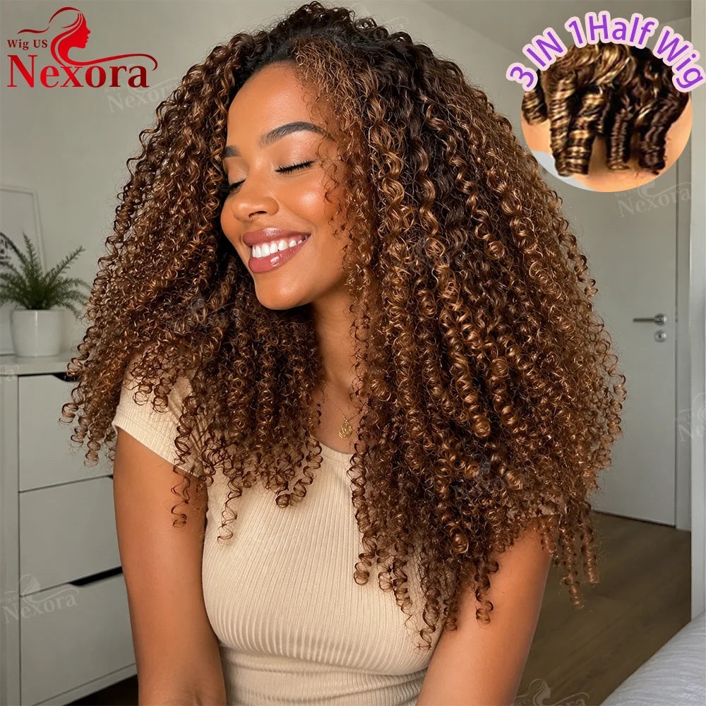 

Nexora P427 Burmese Curly Half Wig Glueless Wig Human Hair 3 IN 1 Half Wig With Drawstring Flip Over Highlight Honey Blonde Piano Color Curly Half Wig Wear and Go Half Wigs